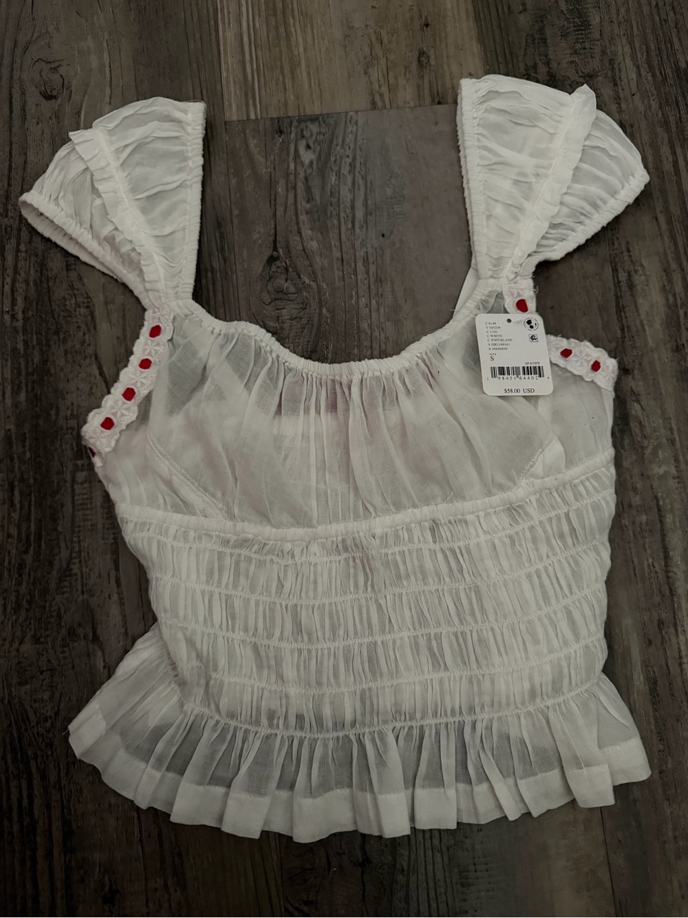 Intimitely by Free People White Smocked Peasant Top with Red Eyelet Trim-S